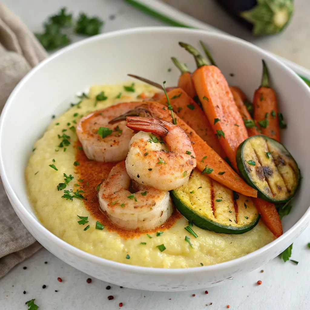 a-bowl-of-creamy-polenta-topped-with-seasoned-saut Bowl of creamy polenta topped with sautéed shrimp, roasted carrots, and grilled zucchini, representing a tasty and healthy low FODMAP meal.
