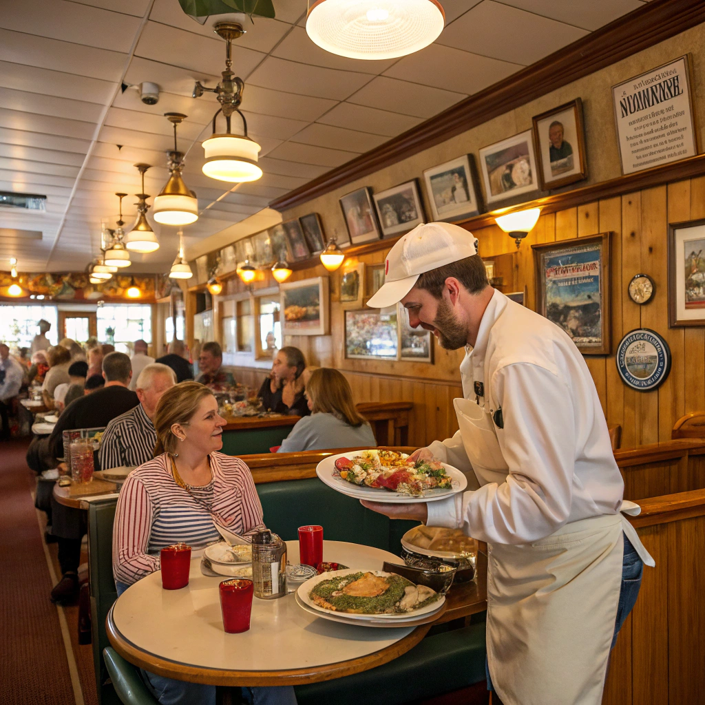 a-bustling-maine-diner-with-friendly-staff-serving Authentic Maine lunch experience at a historic diner, serving fresh seafood and clam chowder