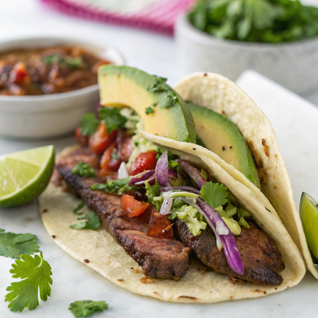 Close-up of a Monica Sierra Jhonny Love Taco with grilled skirt steak, fresh toppings, and a drizzle of salsa verde.
