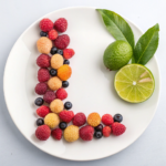 A beautiful arrangement of lychees, limes, and loganberries on a white plate, perfect for a summer dessert.