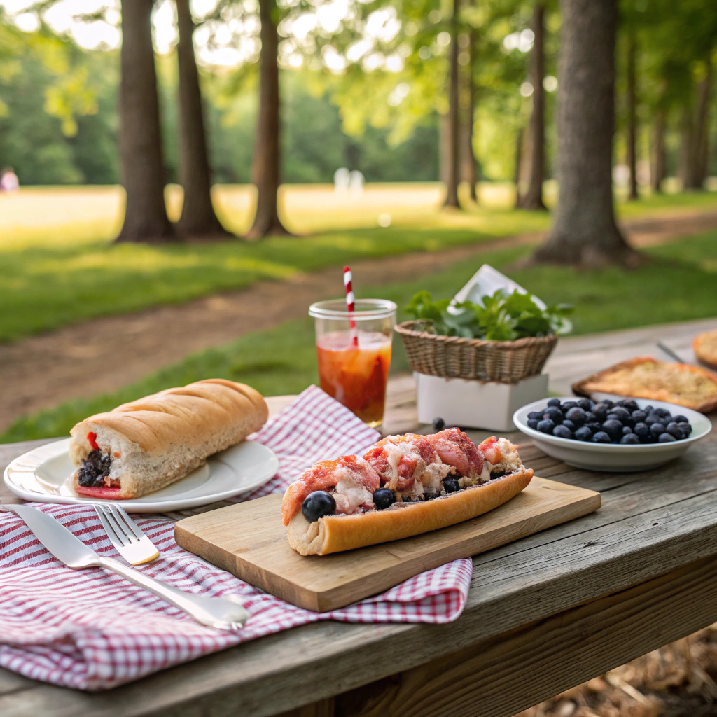 a-cozy-outdoor-picnic-setup-in-a-park-with-a-main "Enjoying a perfect Maine lunch outdoors with lobster rolls, blueberry pie, and a scenic view