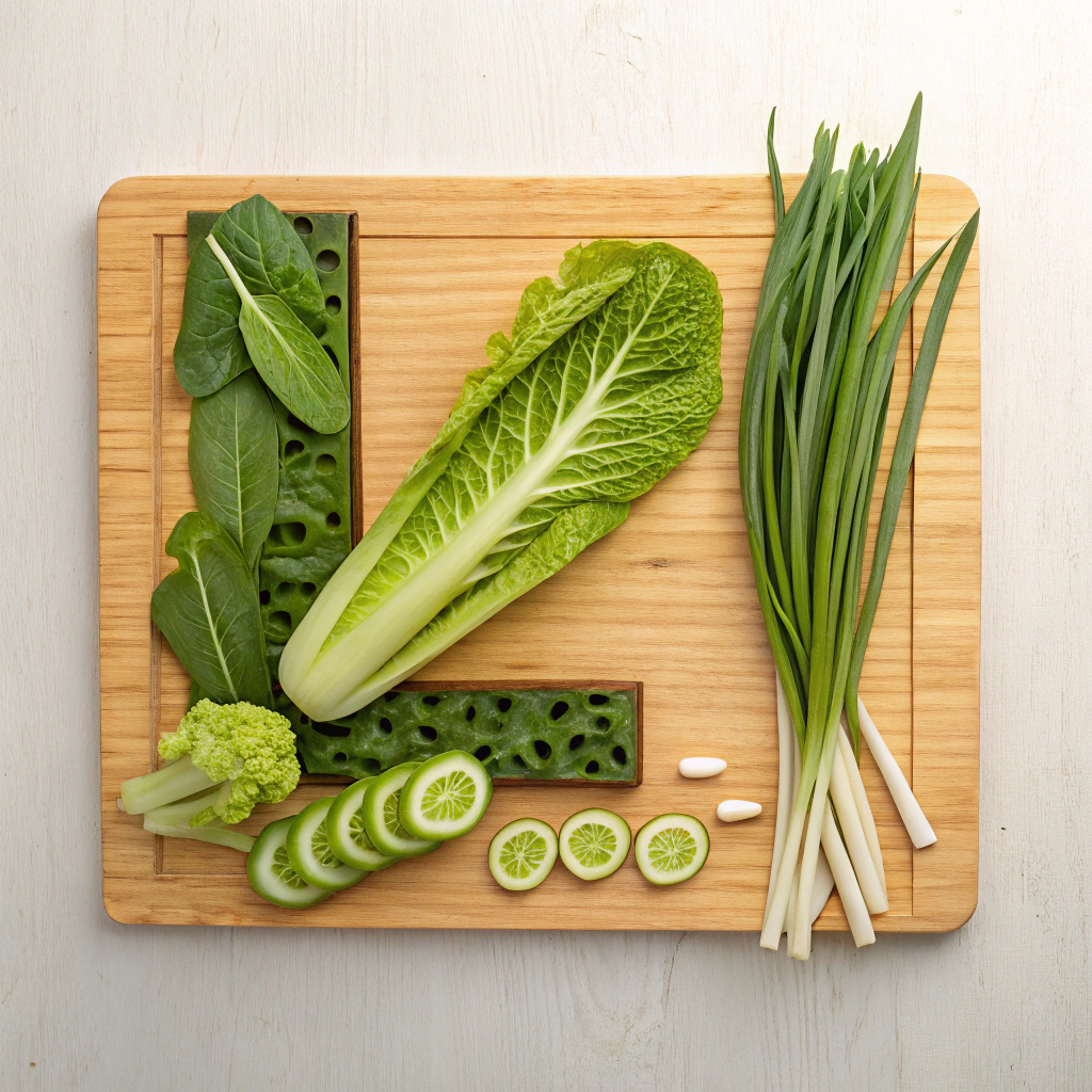 a-fresh-crisp-variety-of-leafy-greens-and-vegetab A selection of fresh leafy greens and vegetables starting with 'L,' including lettuce, leeks, lotus root, and long beans.