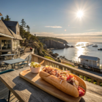 Maine lunch experience with scenic coastal views and a delicious lobster roll."