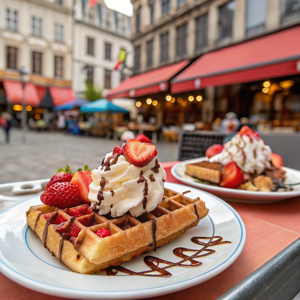 a-plate-of-freshly-made-belgian-waffles-with-whipp Belgian waffles topped with whipped cream, strawberries, and chocolate drizzle, served as a sweet street food snack.