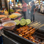 Close-up of satay skewers grilling over an open flame, with marinated chicken, fresh lime wedges, and peanut sauce on the side in a street food market.