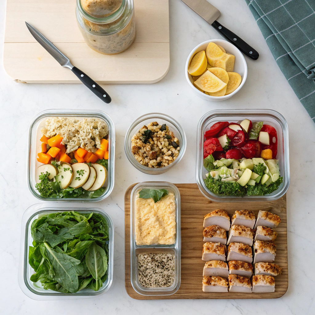 a-batch-meal-prep-scene-with-five-neatly-arranged- Meal prep setup with five bento containers filled with a variety of healthy lunches including salads, grain bowls, and overnight oats; ingredients like grilled chicken, tofu, and fresh vegetables are neatly arranged on a kitchen counter with chopping tools and meal prep containers.