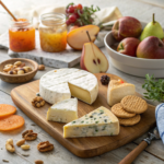 Artisan cheese board featuring a variety of mold cheeses including Brie, Camembert, Roquefort, and washed-rind cheeses, served with fresh figs, apple slices, pears, nuts, honey, and crackers on a rustic wooden table