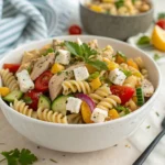 5-minute protein pasta salad with chicken breast, tomatoes, cucumbers, carrots, and feta cheese in a white bowl.