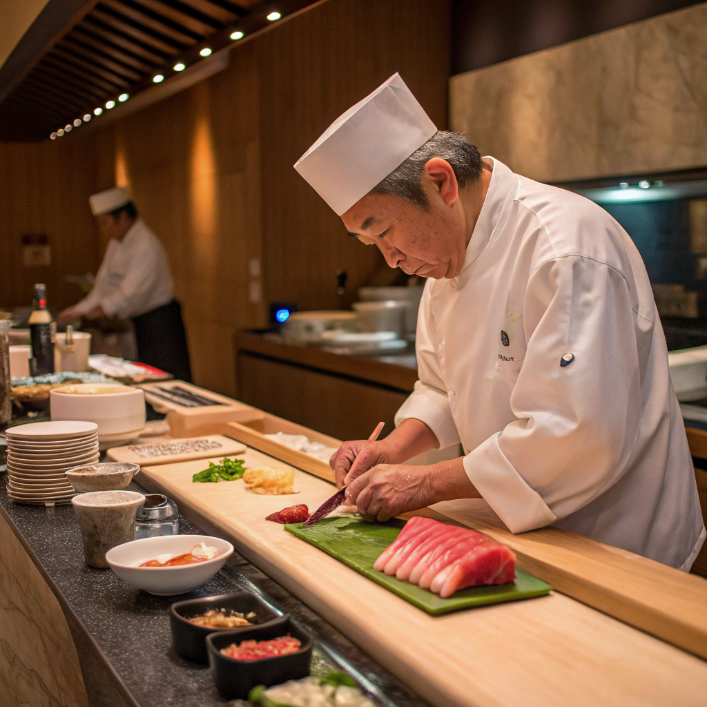 a-beautifully-set-sushi-bar-with-a-chef-skillful A chef slicing fresh tuna for nigiri in a sushi bar setting