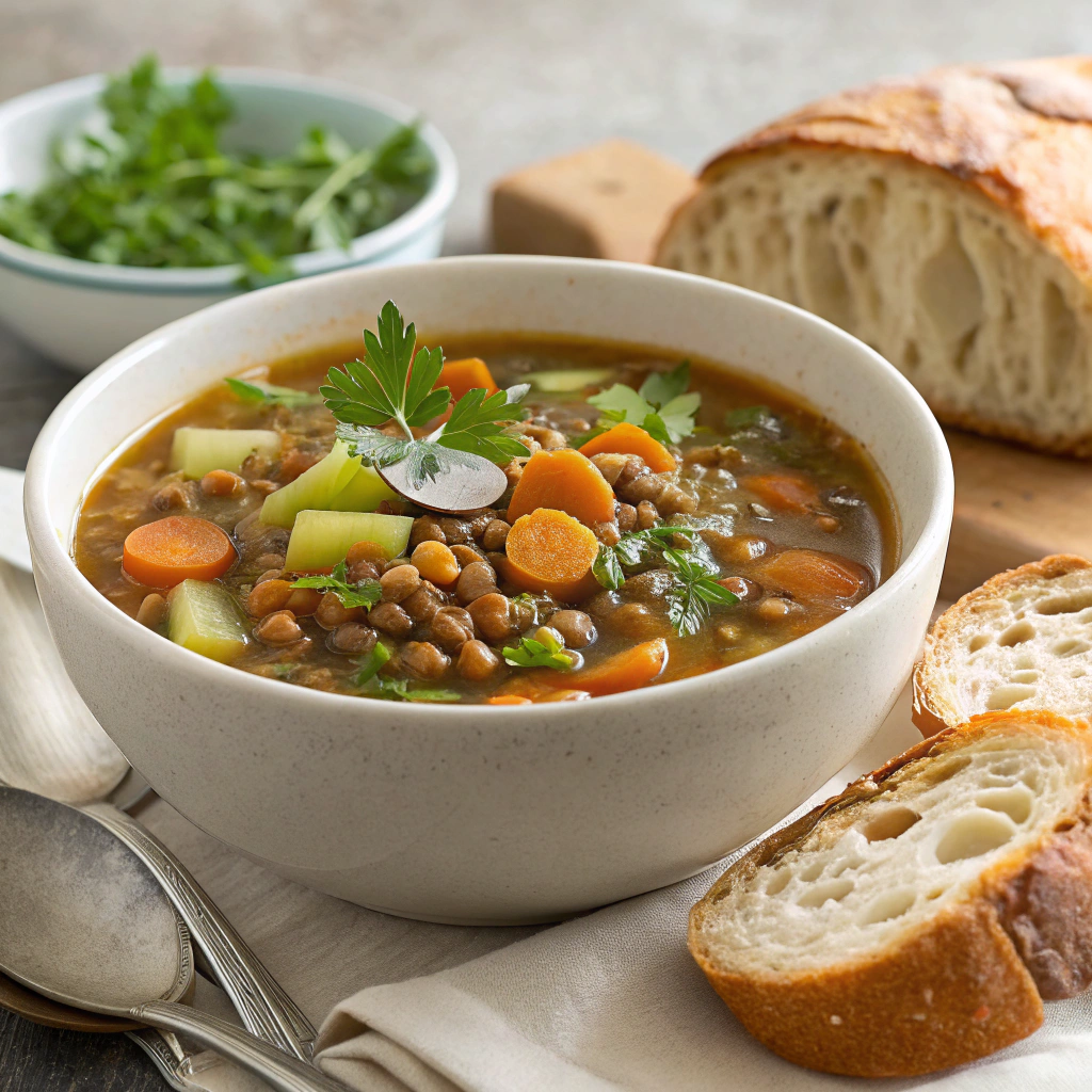 a-bowl-of-hearty-lentil-soup-with-carrots-celery- Affordable lentil soup packed with nutrients, served with crusty bread for a satisfying lunch