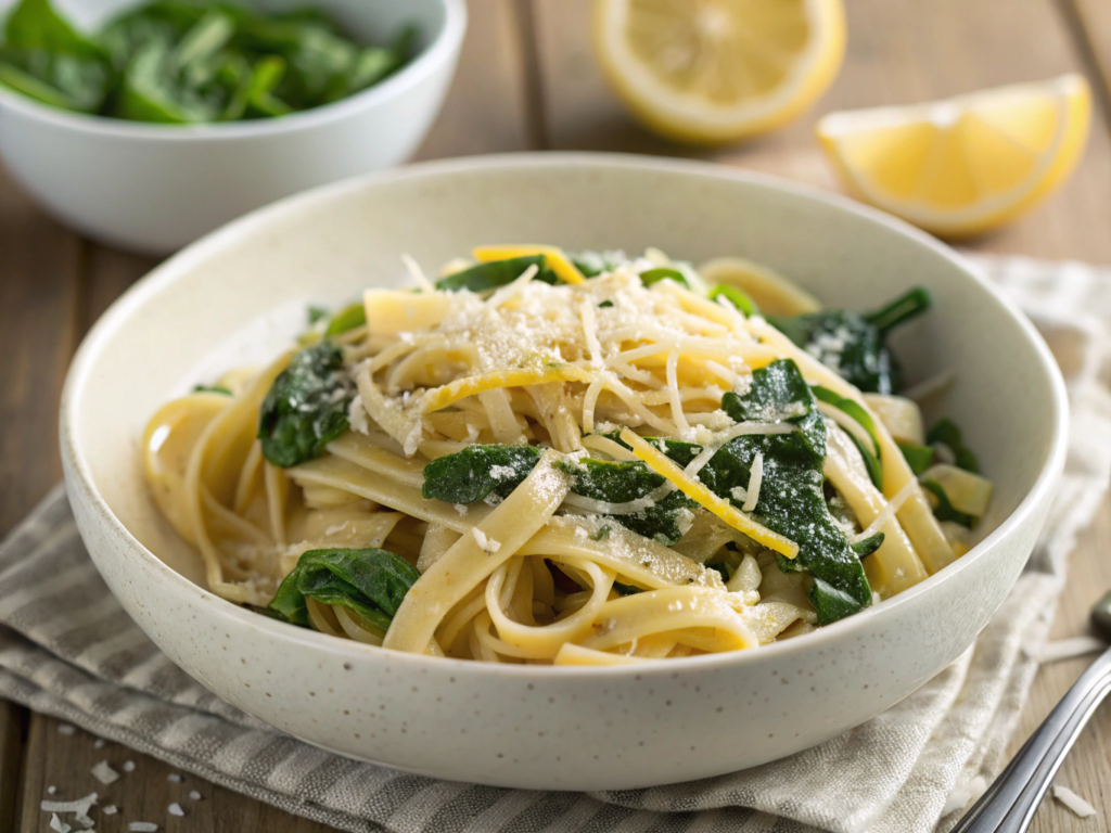 Bowl of Carba Nada fettuccine with spinach, parmesan, and lemon zest