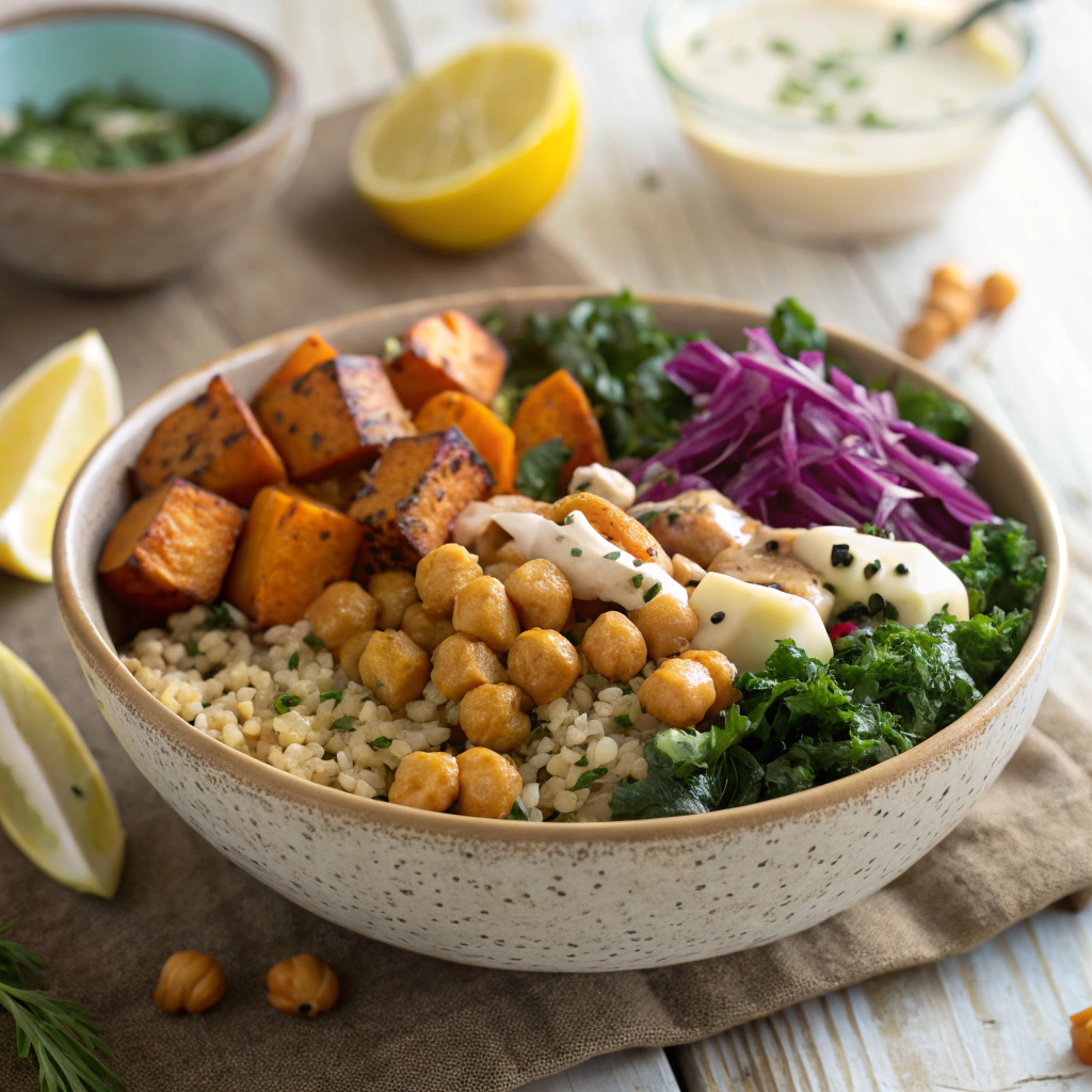 Colorful gluten-free Buddha bowl with roasted sweet potatoes, crispy chickpeas, kale, purple cabbage, and brown rice, drizzled with tahini-lemon dressing