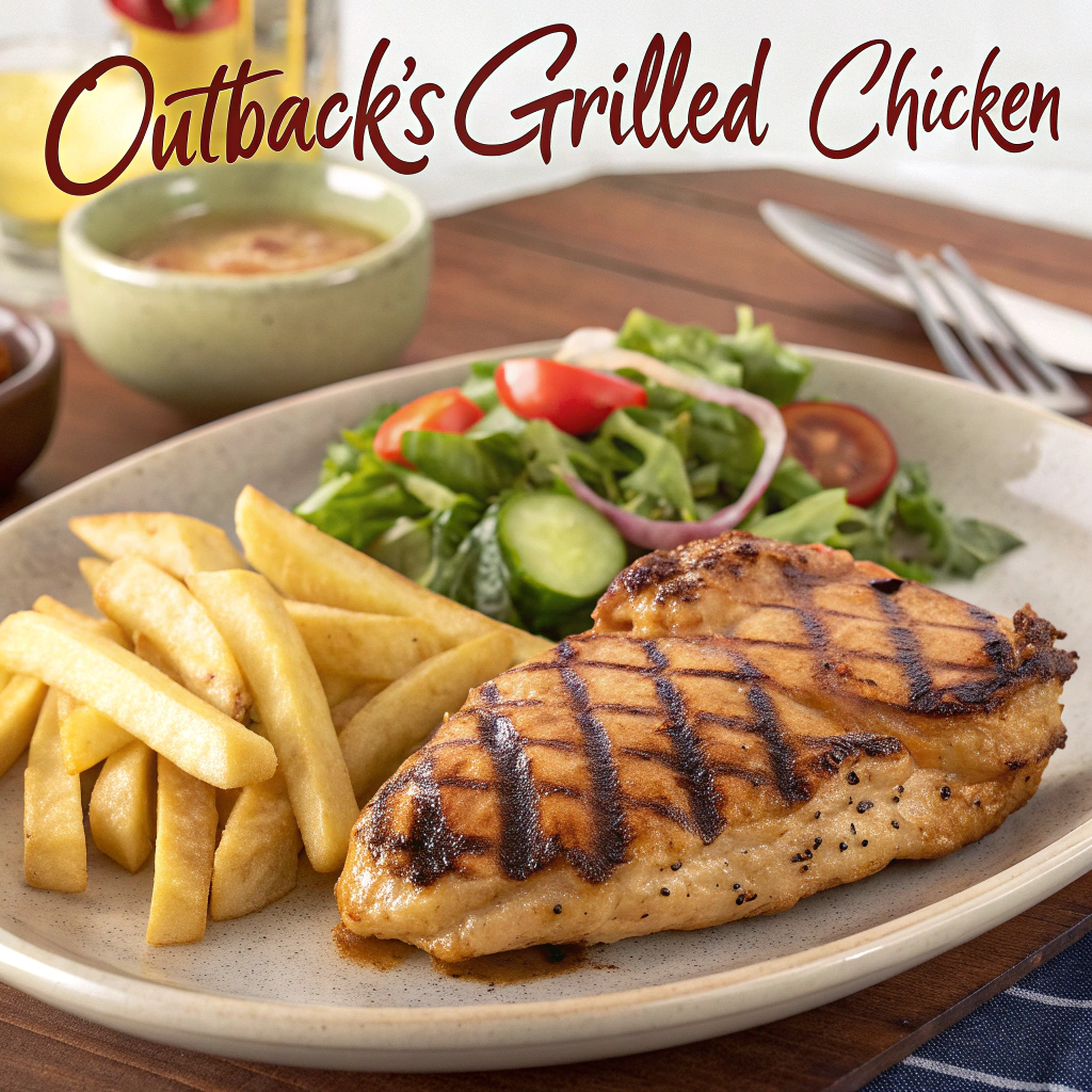 Outback's Grilled Chicken on the Barbie served with Aussie fries and a fresh salad, perfect for a satisfying lunch