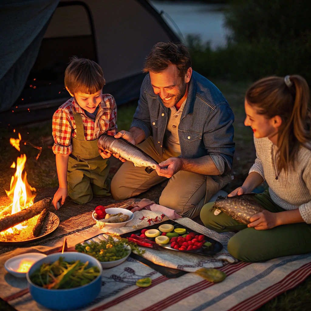 A person grilling fresh trout on a campfire beside a tranquil lake at sunset, surrounded by nature's beauty.