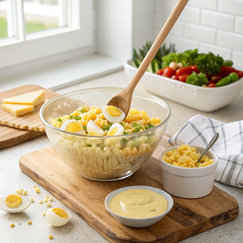 a-kitchen-countertop-with-a-large-mixing-bowl-cont-1 Mixing deviled egg macaroni salad with pasta, eggs, and creamy dressing.