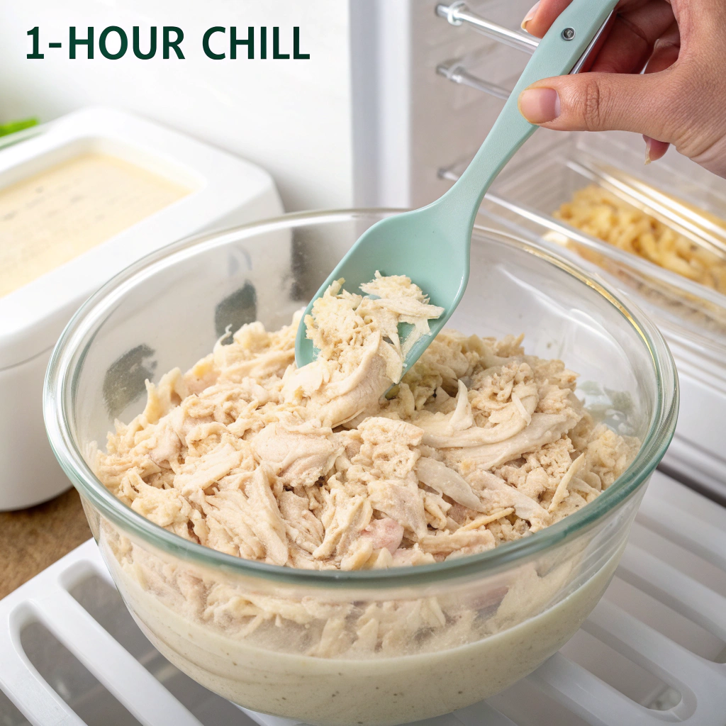 a-large-glass-bowl-with-shredded-chicken-being-fol Mixing and chilling chicken salad for best flavor