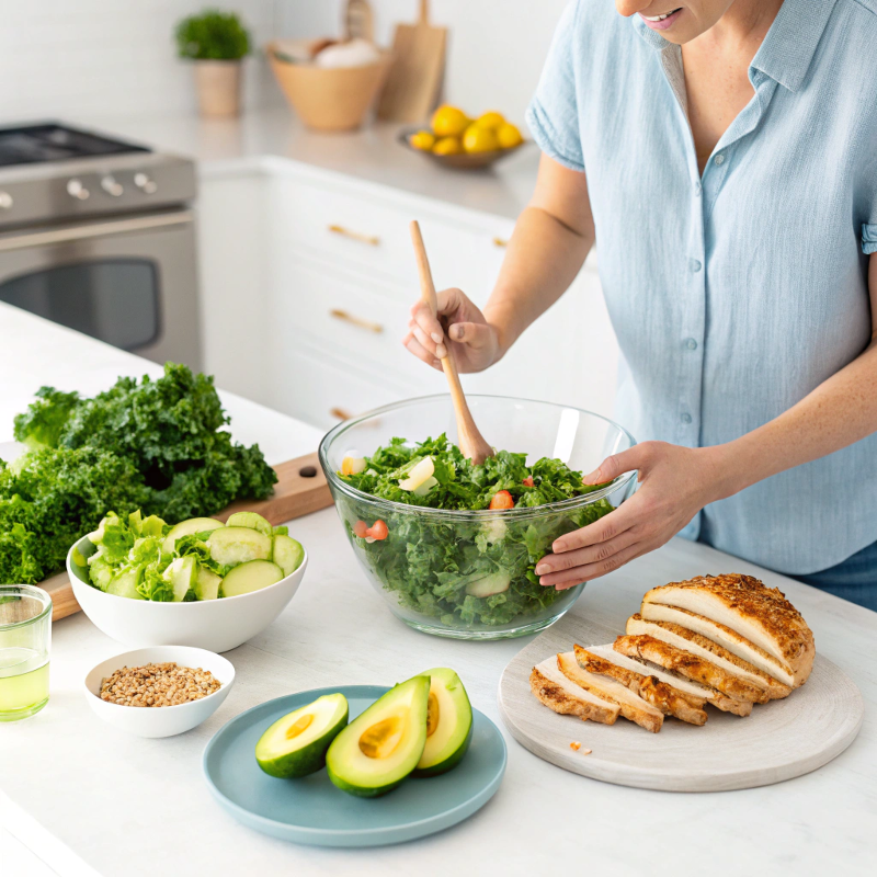 a-lifestyle-shot-of-a-person-preparing-a-sweet-kal person preparing sweet kale salad kit with fresh add-ins