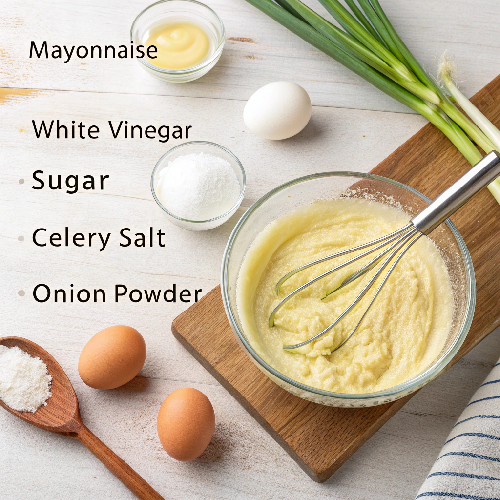 a-mixing-bowl-filled-with-mayonnaise-white-vinega Whisking creamy dressing for Willow Tree Chicken Salad