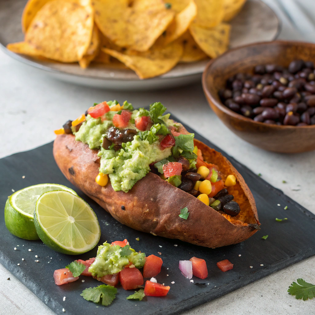 a-perfectly-baked-sweet-potato-split-open-and-stu Grilled chicken lettuce wraps filled with crunchy vegetables and sesame-ginger dressing, garnished with cilantro and sesame seeds.