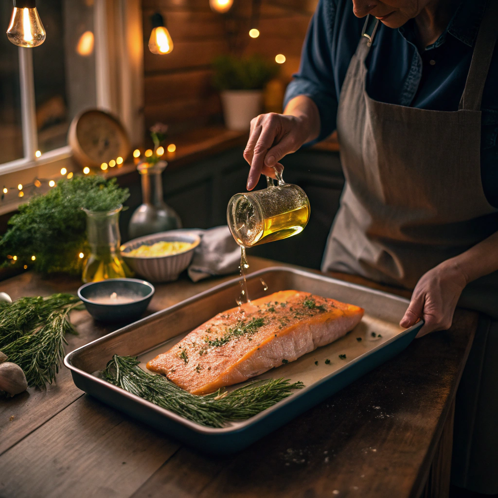 a-person-preparing-a-baked-salmon-dish-with-olive- Preparing baked salmon with olive oil, garlic, and dill for a heart-healthy recipe.