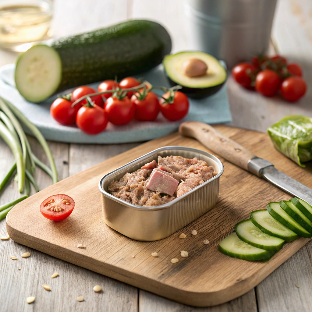 Open tuna packet with fresh vegetables like tomatoes, cucumber, avocado, and spinach on a kitchen counter, ready for meal prep."