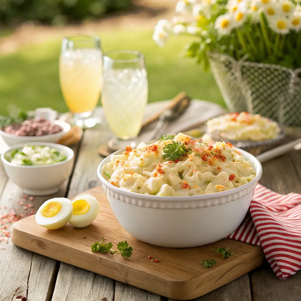 Creamy deviled egg macaroni salad served in a white bowl at a summer picnic.