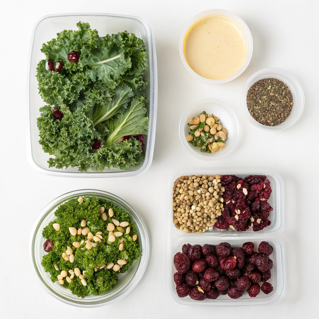 a-step-by-step-flat-lay-image-showing-the-contents flat lay of sweet kale salad kit ingredients separated and labeled