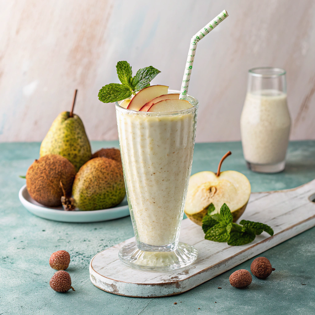 a-tall-clear-glass-filled-with-a-creamy-smoothie- A chilled glass of creamy banana-coconut smoothie topped with apple and pear slices, garnished with fresh lychees and mint leaves on a pastel background