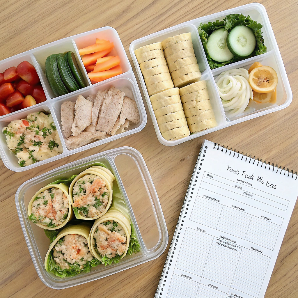 a-top-down-view-of-a-weekly-meal-prep-layout-with- Weekly meal prep using tuna packets in various dishes like wraps and pasta, organized in containers on a wooden table.