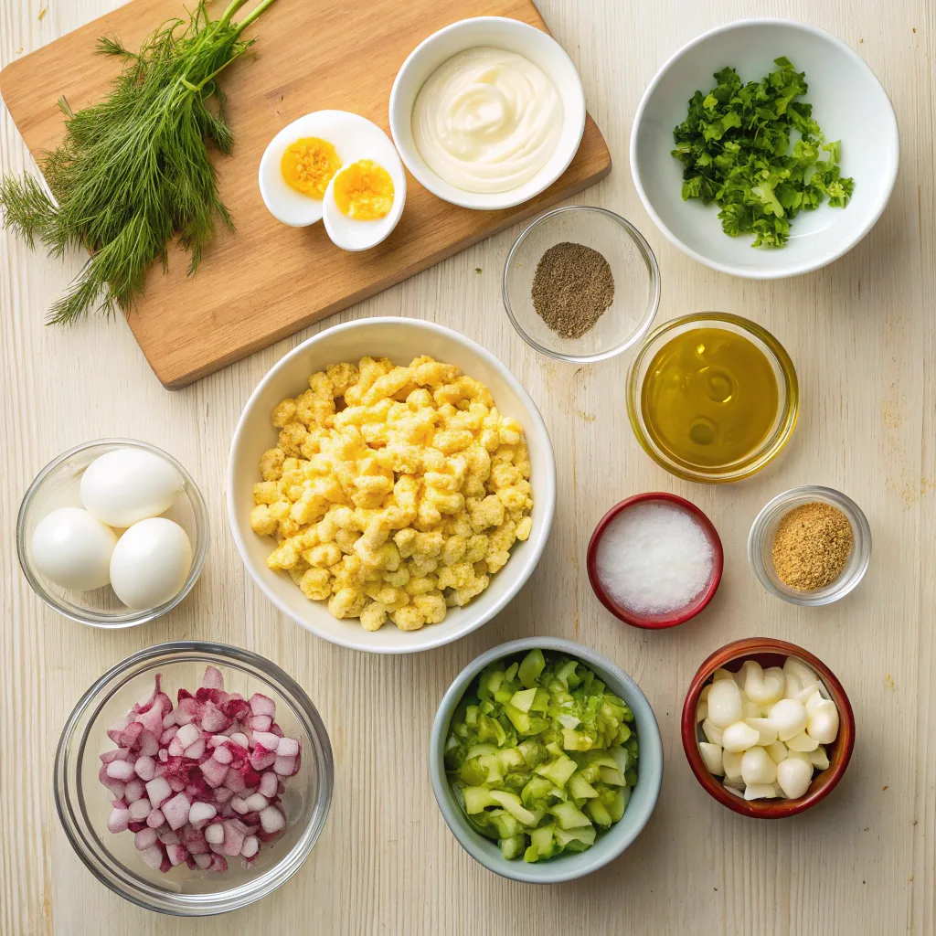a-top-down-view-of-all-ingredients-used-for-devile Deviled egg macaroni salad ingredients laid out in small bowls on a kitchen counter.