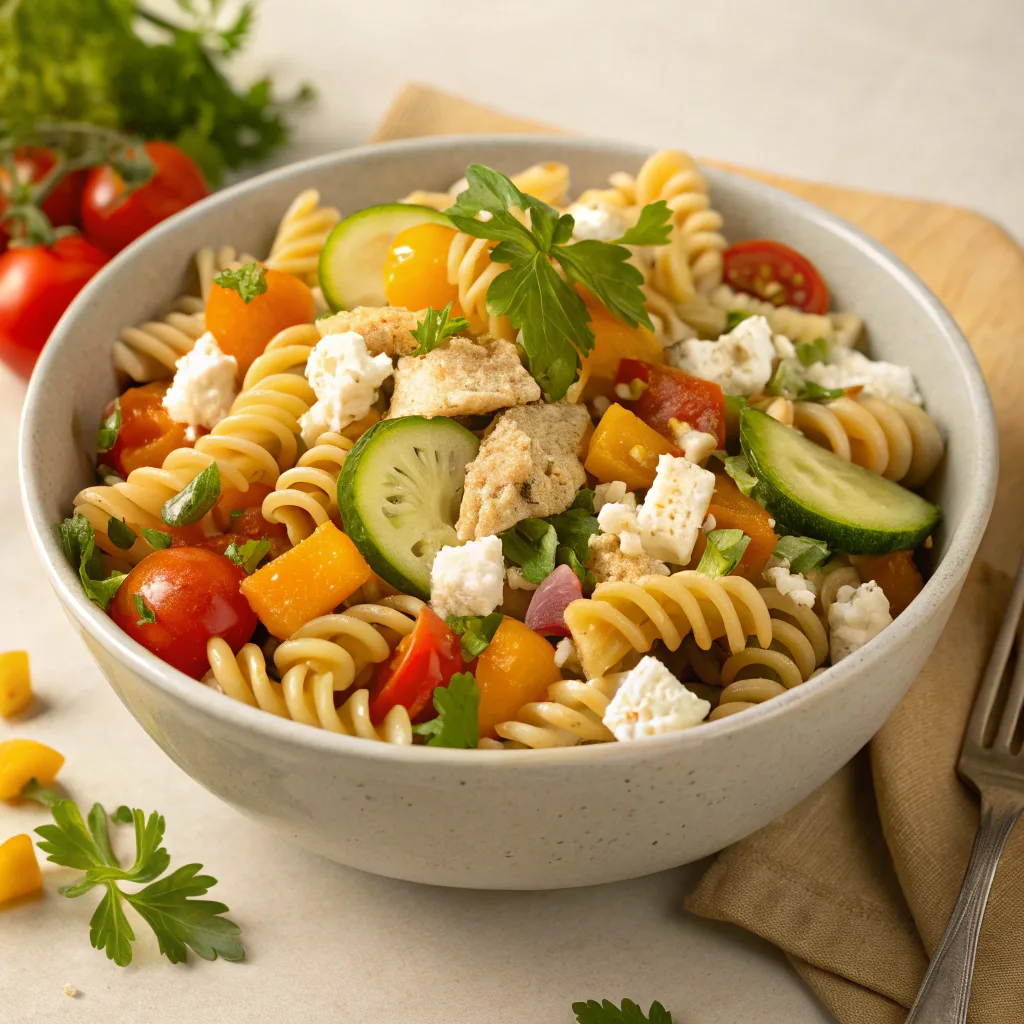 a-vibrant-5-minute-protein-pasta-salad-in-a-bowl-w A plated 5-minute protein pasta salad with rotini, chicken breast, vegetables, and feta cheese.