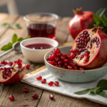 Close-up of fresh ruby-red pomegranate seeds (arils) spilling from a halved fruit, with a bowl of juice on a rustic table.