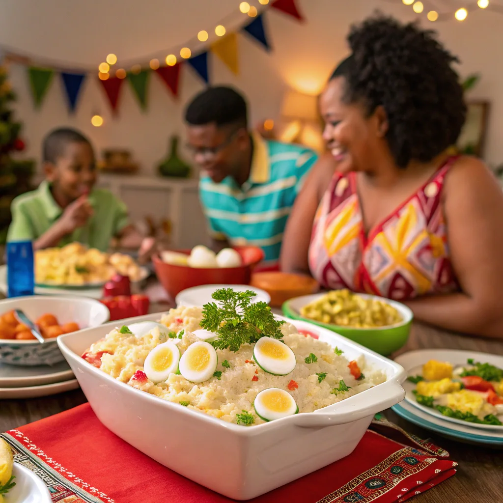Dominican potato salad on a festive Caribbean family dinner table