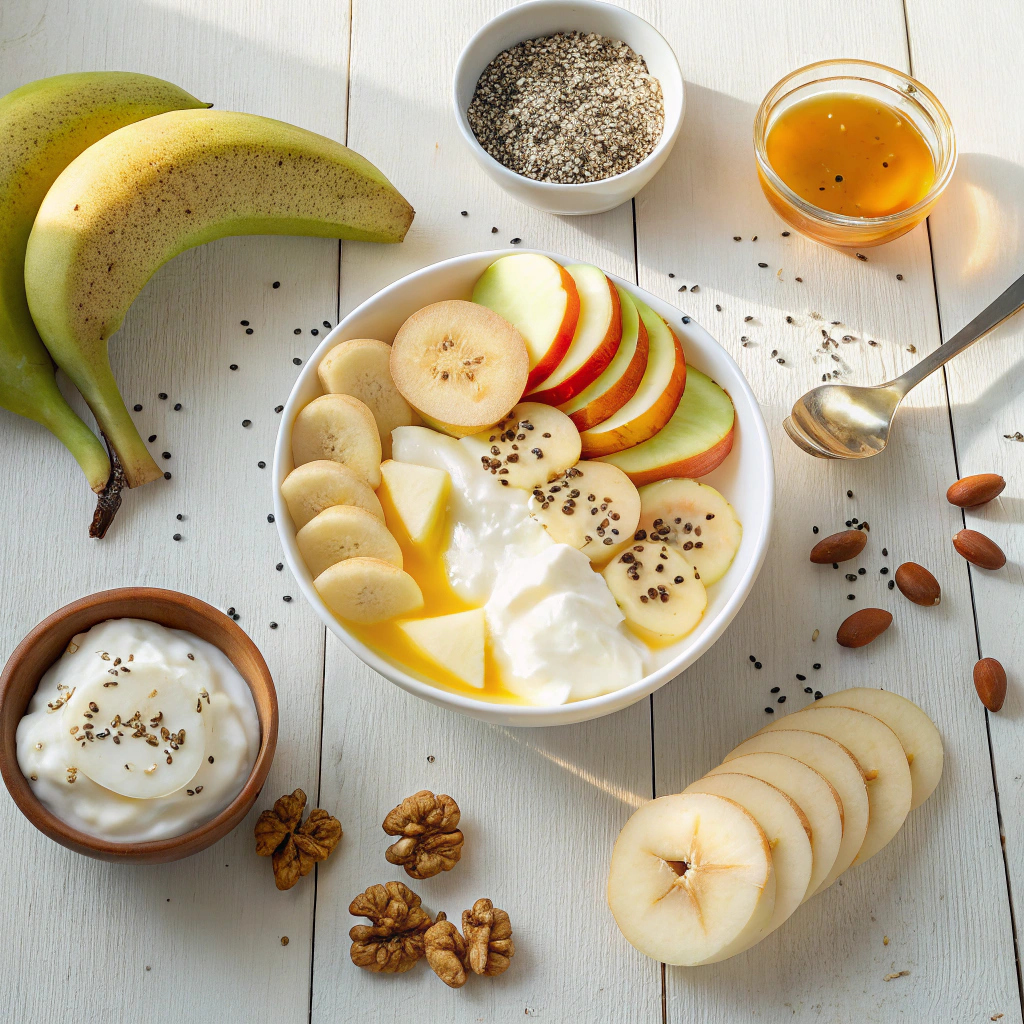 A flat-lay photo of fresh white fruits including sliced apples, pears, bananas, lychees, and coconut chunks arranged on a wooden table with Greek yogurt, honey, mint, and nuts for garnish