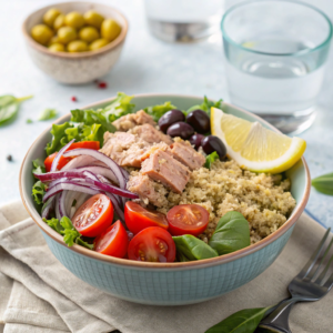 a-vibrant-mediterranean-style-salad-bowl-with-tuna Healthy tuna salad with vegetables, quinoa, and lemon in a bowl on a table, showing a balanced meal idea with tuna packets