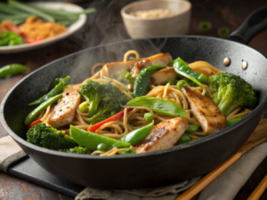 Carba Nada noodle stir-fry with grilled chicken, broccoli, and snap peas