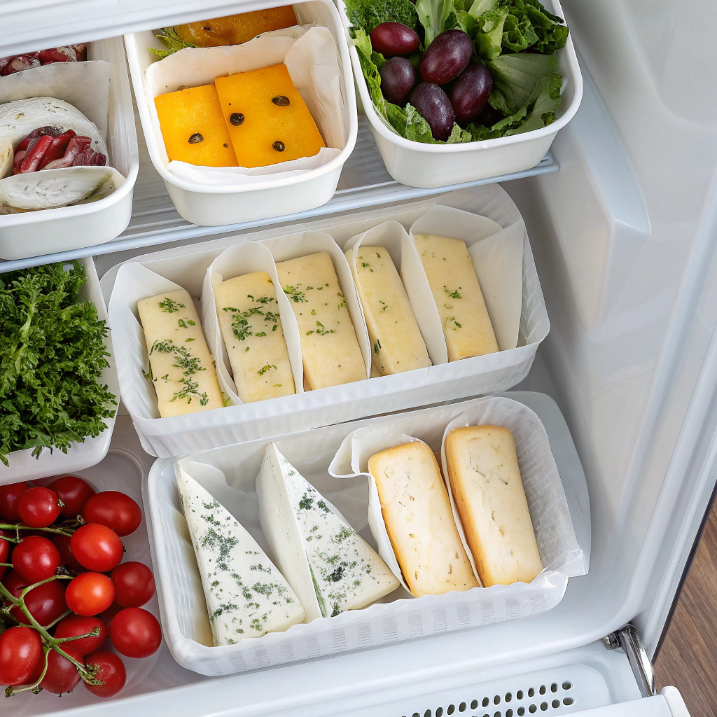 an-organized-fridge-showcasing-properly-wrapped-lu Proper cheese storage with lunchly mold cheeses wrapped in wax paper and labeled, organized in a fridge crisper drawer with fresh produce.