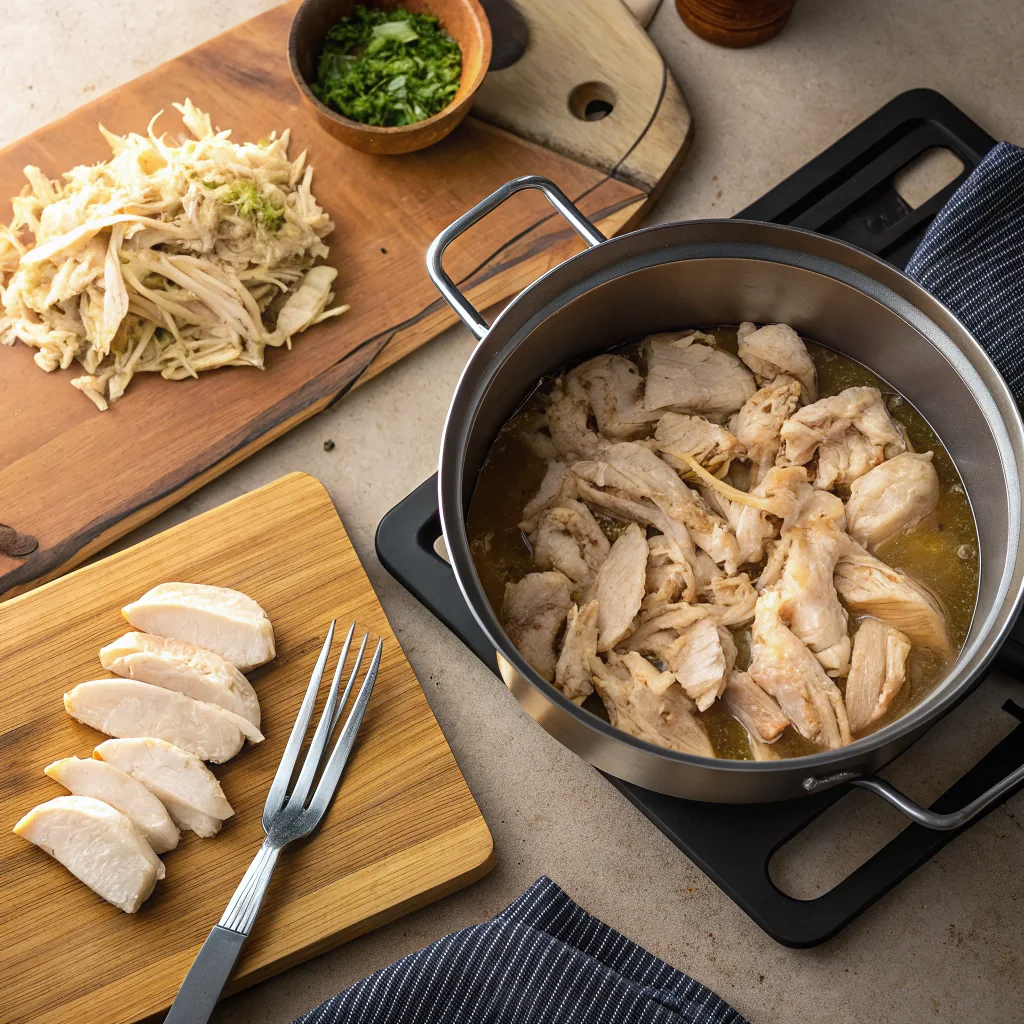 an-overhead-kitchen-scene-showing-boneless-chicken Cooking and shredding chicken breast for chicken salad