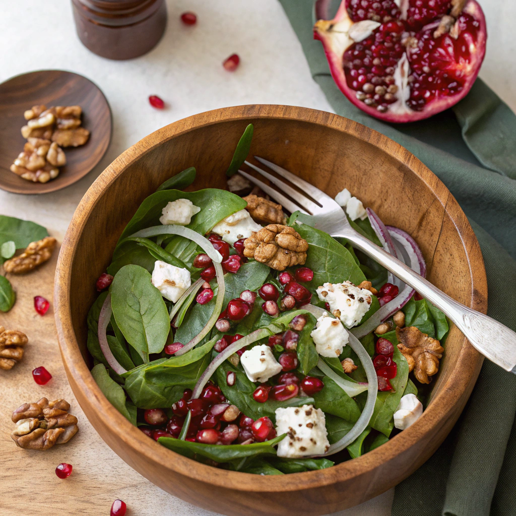 an-overhead-shot-of-the-prepared-pomegranate-salad Colorful salad with spinach, arugula, cucumbers, feta, walnuts, and pomegranate seeds in a wooden bowl
