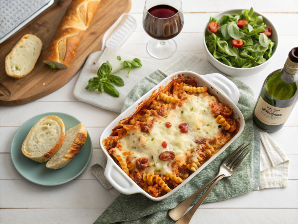 bright-and-airy-overhead-shot-of-a-family-style-ta Baked trottole pasta casserole with melted cheese on a dinner table with salad and bread.