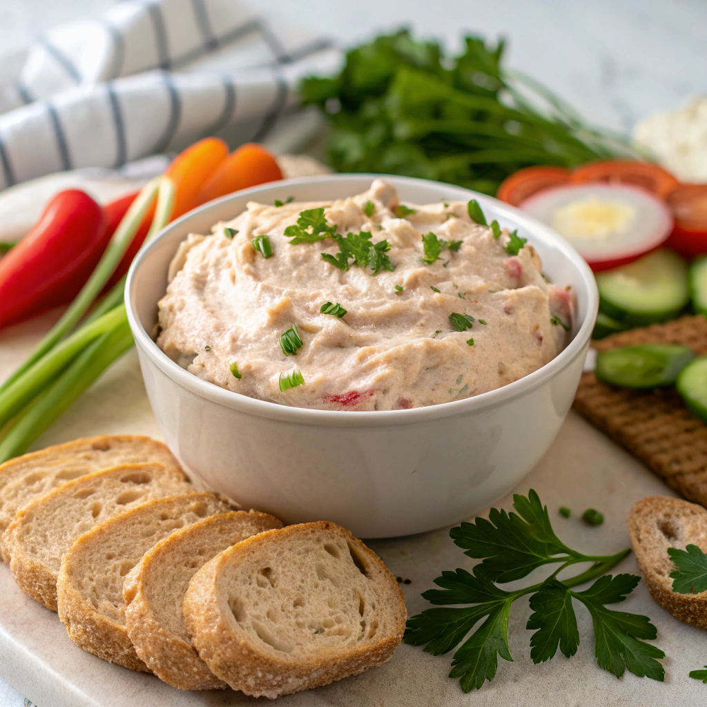 close-up-shot-of-a-creamy-lunchly-mold-cheese-spre Close-up of a creamy mold cheese spread mixed with fresh herbs like chives and parsley, served in a small bowl with slices of crusty bread, crisp crackers, and colorful vegetable sticks on the side