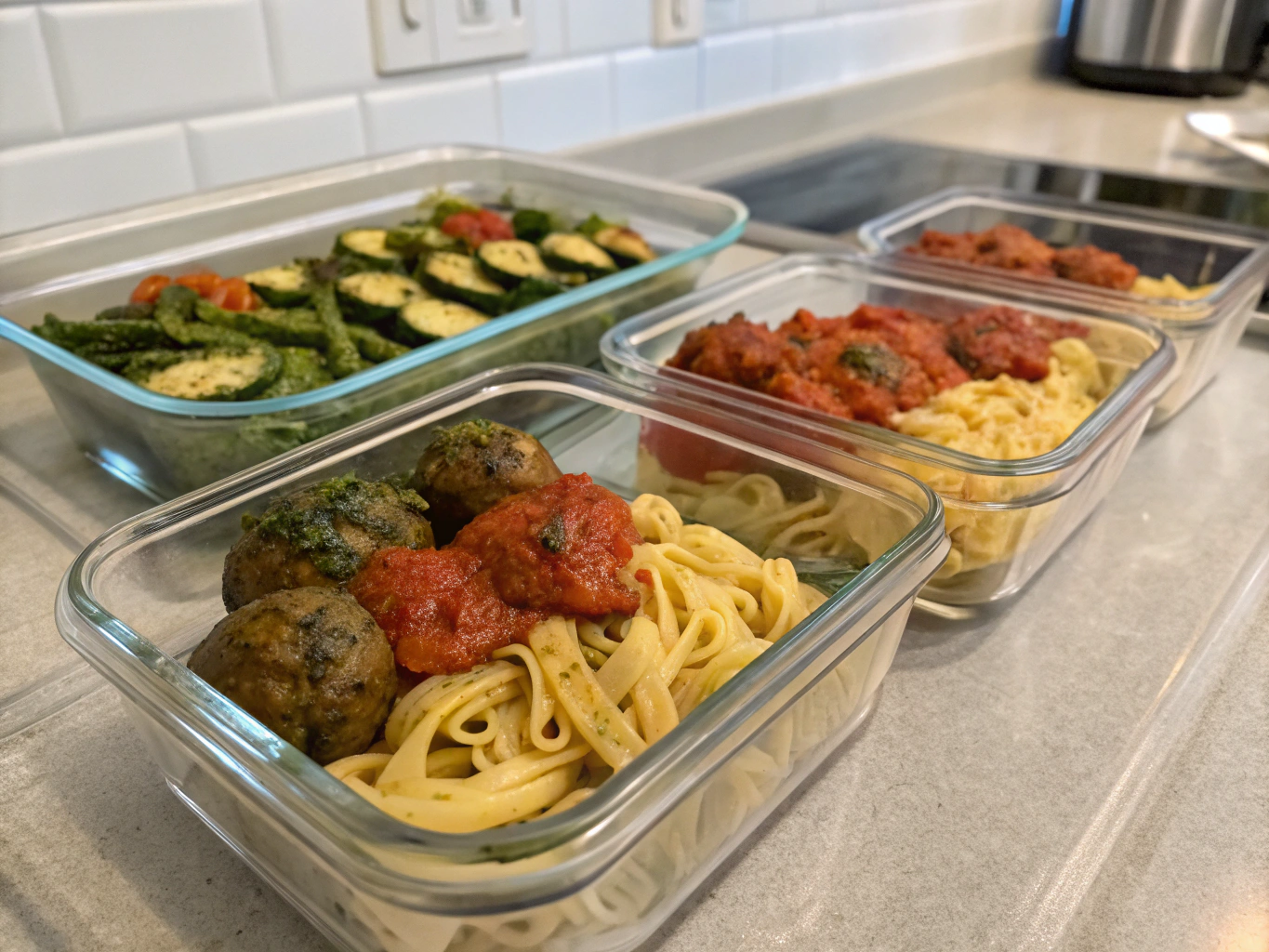 Meal prep containers with Carba Nada pasta, turkey meatballs, and roasted vegetables