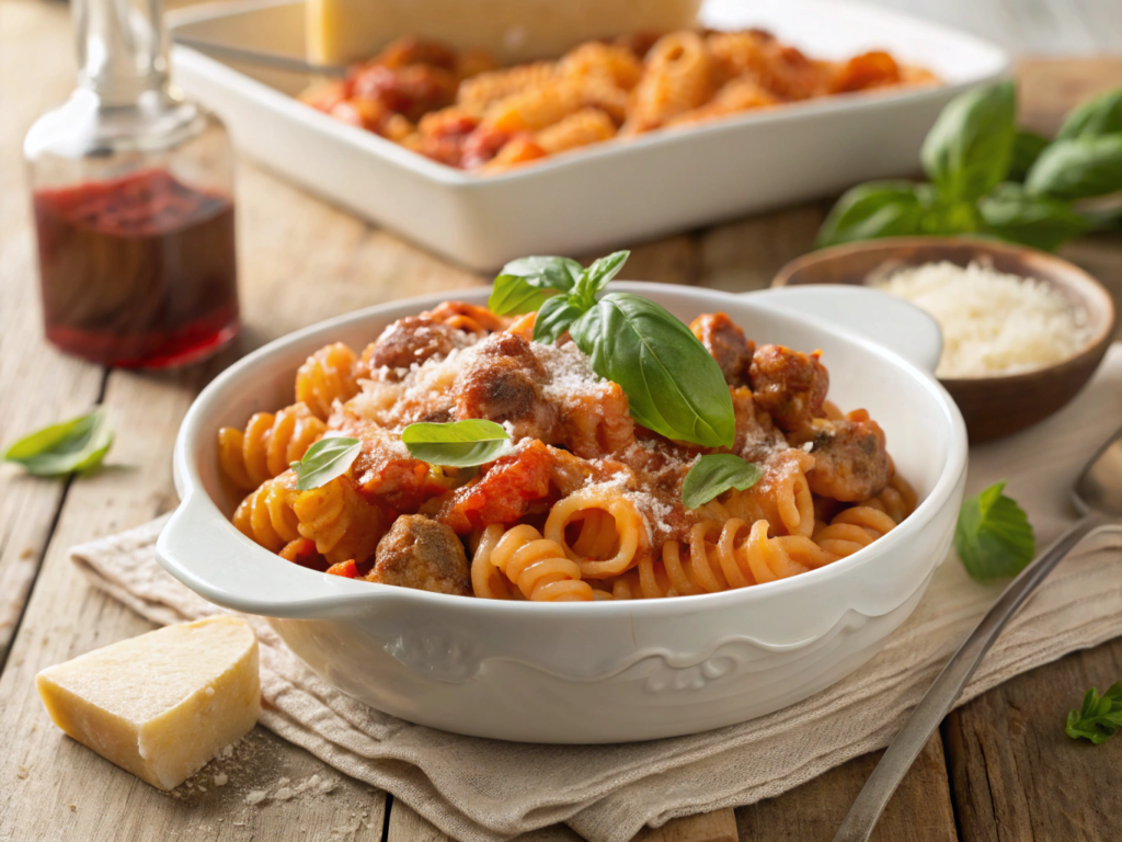 Trottole pasta with tomato-cream sauce and sausage, garnished with basil and Parmesan in a white bowl.