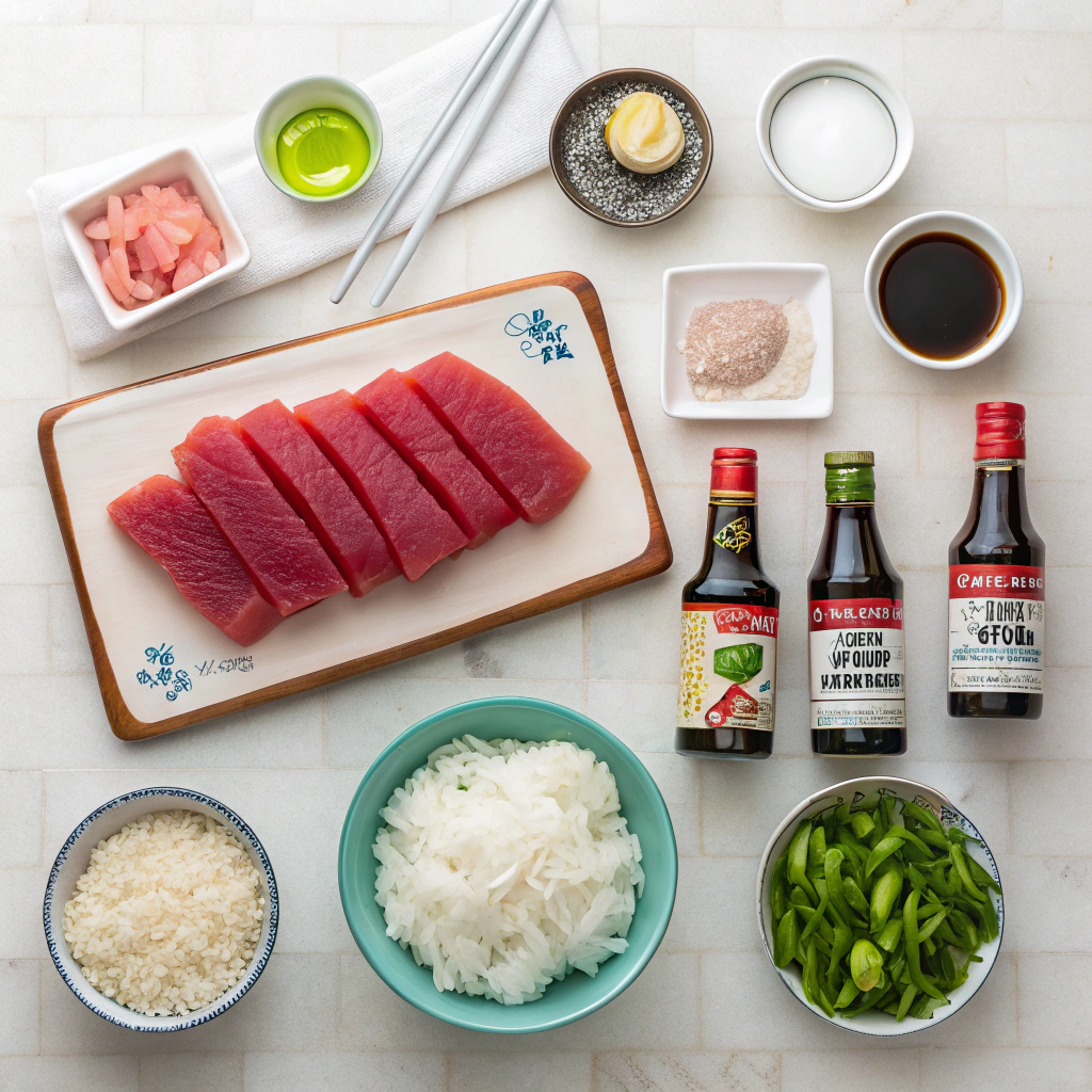 image-of-a-clean-well-organized-kitchen-counter-w Sushi Dinner Spread: "Various tuna nigiri arranged on a black plate with soy sauce and wasabi