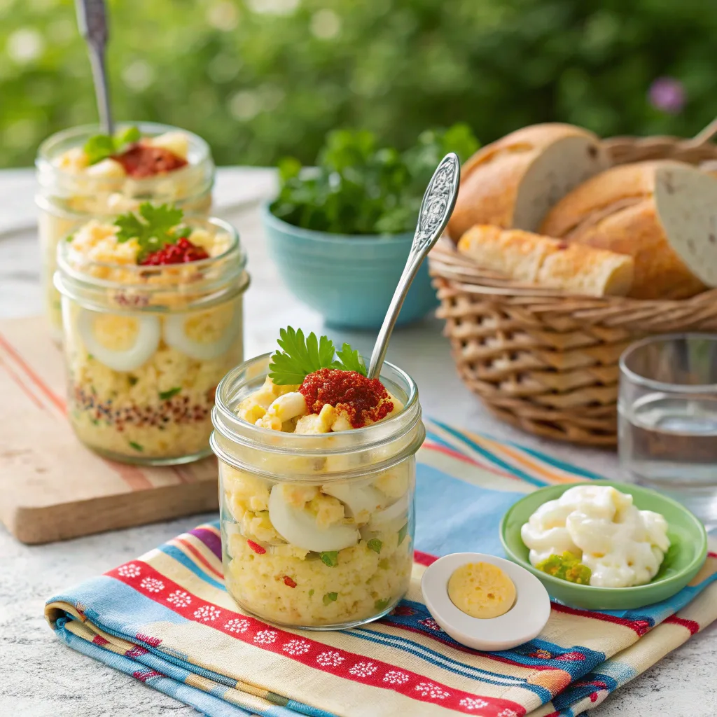 individual-servings-of-deviled-egg-macaroni-salad- Deviled egg macaroni salad served in mason jars with picnic setup in the background.