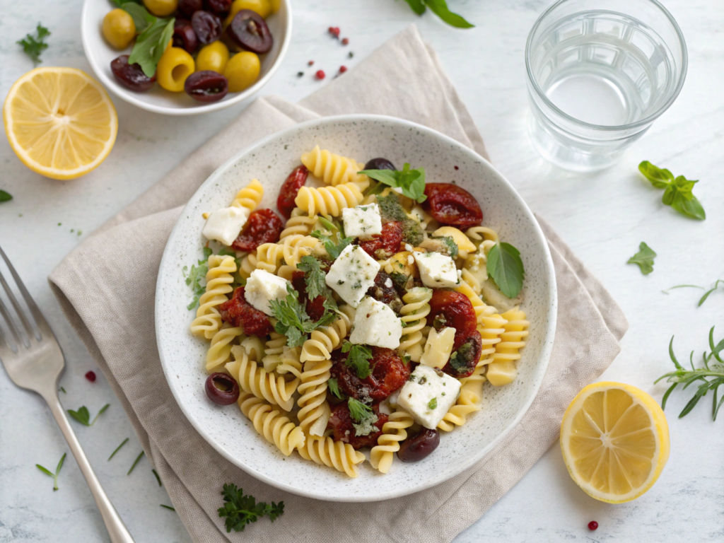 styled-flat-lay-of-a-modern-mediterranean-cold-pas Mediterranean cold pasta salad with trottole, sun-dried tomatoes, olives, and feta on a white plate.