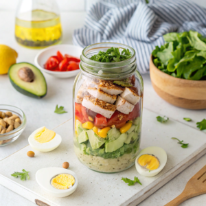 Mason jar keto salad with layers of low-carb vegetables and grilled chicken for meal prep.